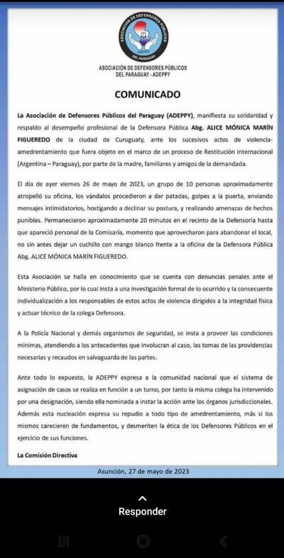 Comunicado de la Asociación de Defensores Públicos del Paraguay denunciando supuesto amedrentamiento contra la Defensora de Curuguaty, Alice Mónica Marín