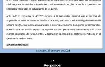 Comunicado de la Asociación de Defensores Públicos del Paraguay denunciando supuesto amedrentamiento contra la Defensora de Curuguaty, Alice Mónica Marín