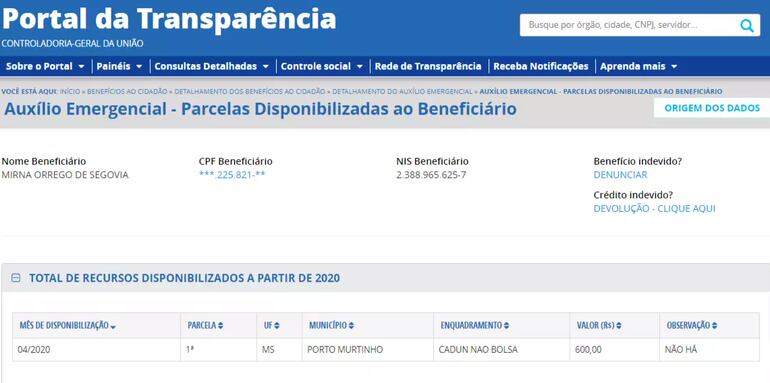 Esto consta en el portal de transparencia, administrado por CGU (Controladoria-Geral da União), donde figura que la intendenta paraguaya fue beneficiaria de 600 reales en abril de este año. No hay registros de cuotas acreditadas después después, ni tampoco se muestra si el dinero fue retirado.