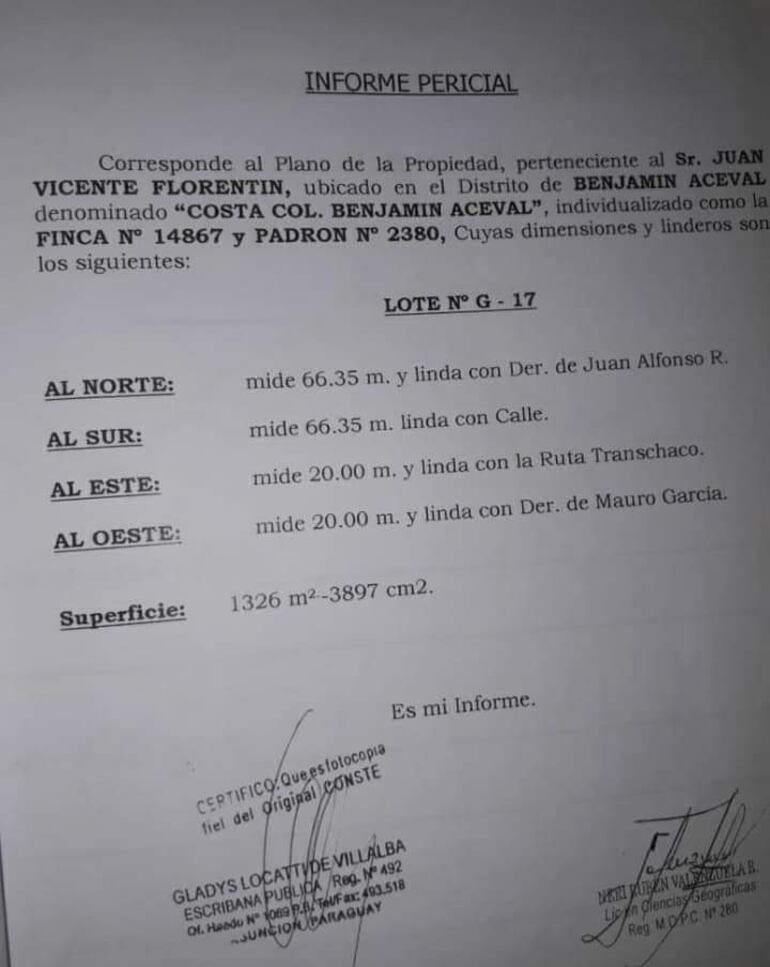 Un informe pericial de una las propiedades en donde se menciona que linda con la calle y que ahora los vecinos denuncian que se encuentra ocupada.