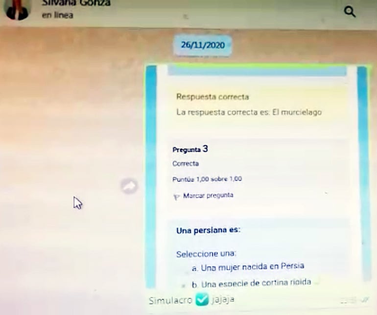 Uno de los chats difundidos en redes sociales, en el que la directora de RR.HH. le pasa a su sobrina las respuestas correctas.