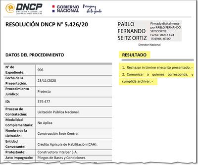 Resolución de la DNCP que rechazó la protesta de la Constructora Intelpar, que pidió más plazo.