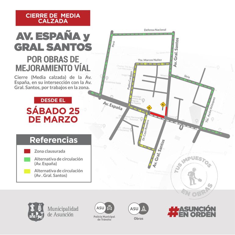 Cierre parcial de la Avenida España y General Santos, por obras de mejoramiento vial.