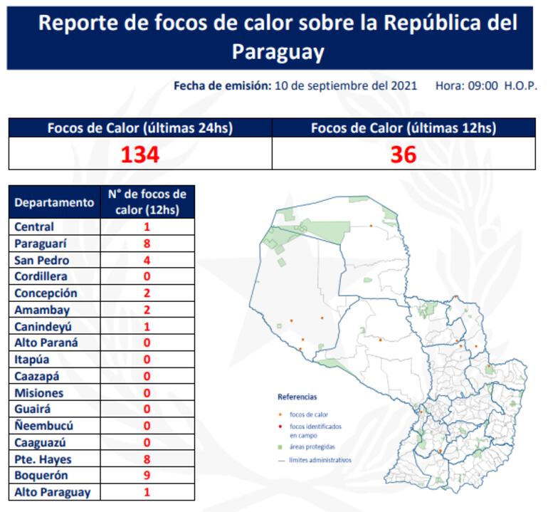 Focos de calor en las últimas 12 horas a nivel país.