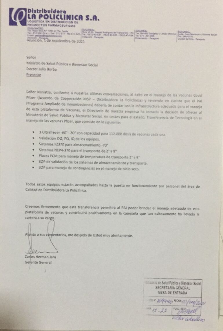 Gentileza. Documento en donde la empresa Distribuidora La Policlínica confirma las donaciones al Ministerio de Salud.