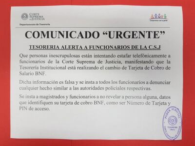 La Corte Suprema de Justicia emitió un comunicado advirtiendo sobre intento de estafa a sus funcionarios.