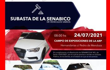 Flyer de la subasta que hará la SENABICO este sábado 24 de julio.