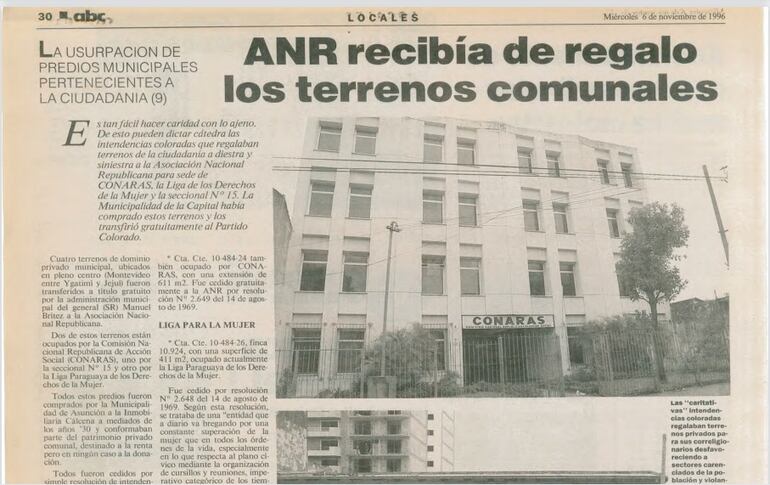 Archivo de ABC Color en donde se relata cómo la ANR hizo un juego sucio al donar al terreno a un brazo de su partido, el Conaras.