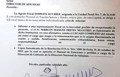 Fotografía parcial  de la solicitud de la Fiscalía a la  Aduana, sobre el legajo del funcionario Marco Manuel Fretes Silguero. Julio Fernández dice que recomendó una contrademanda al afectado.