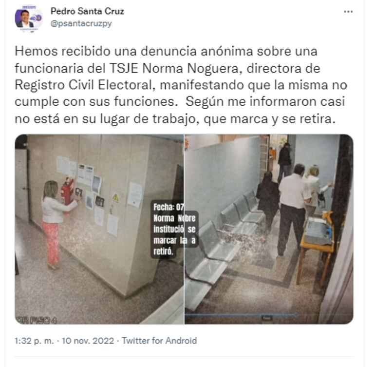 Tuit del senador Pedro Santa Cruz alertando que le informaron que una funcionaria que es directora y no cumpliría sus funciones. (gentileza red social).