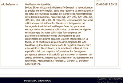 La respuesta de la Defensoría General de Itaipú al pedido de este diario de documentos de la binacional.