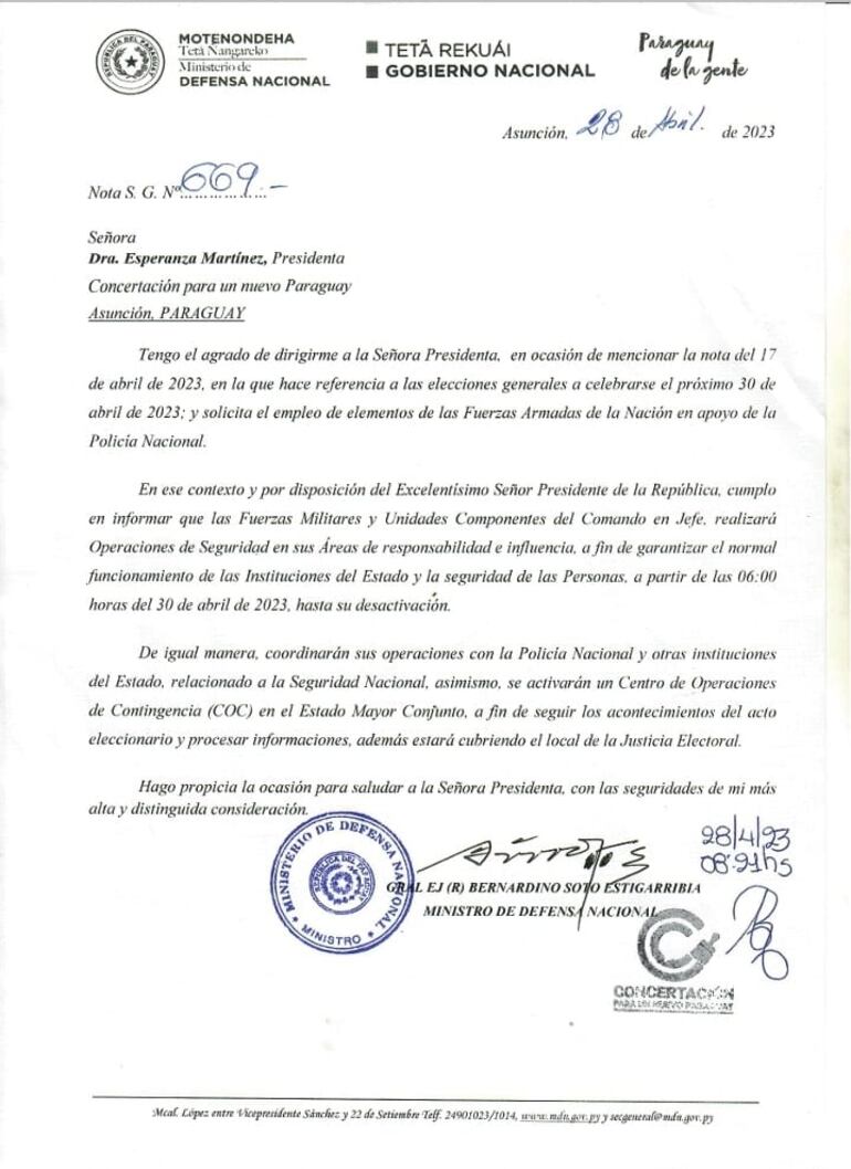 El Ministro de Defensa garantizó a la Concertación que militares apoyarán a la Policía el día de las elecciones generales de este 30 de abril.