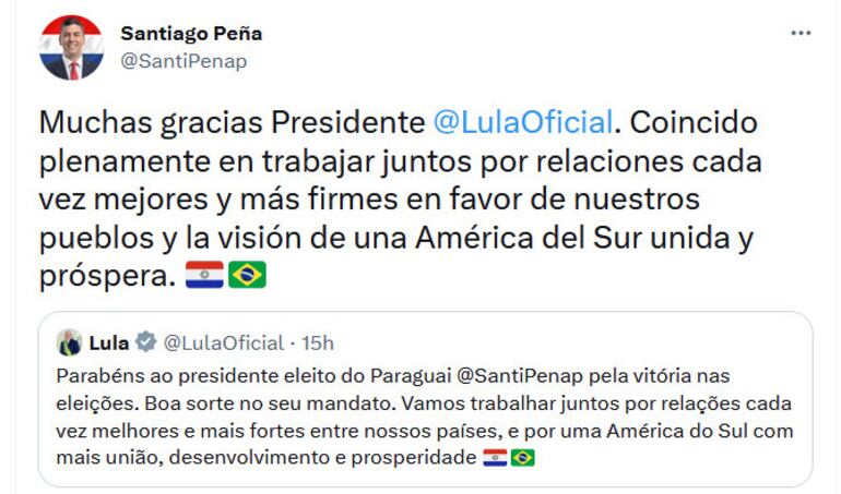 Respuesta de Santiago Peña al mensaje de felicitaciones de Lula Da Silva.
