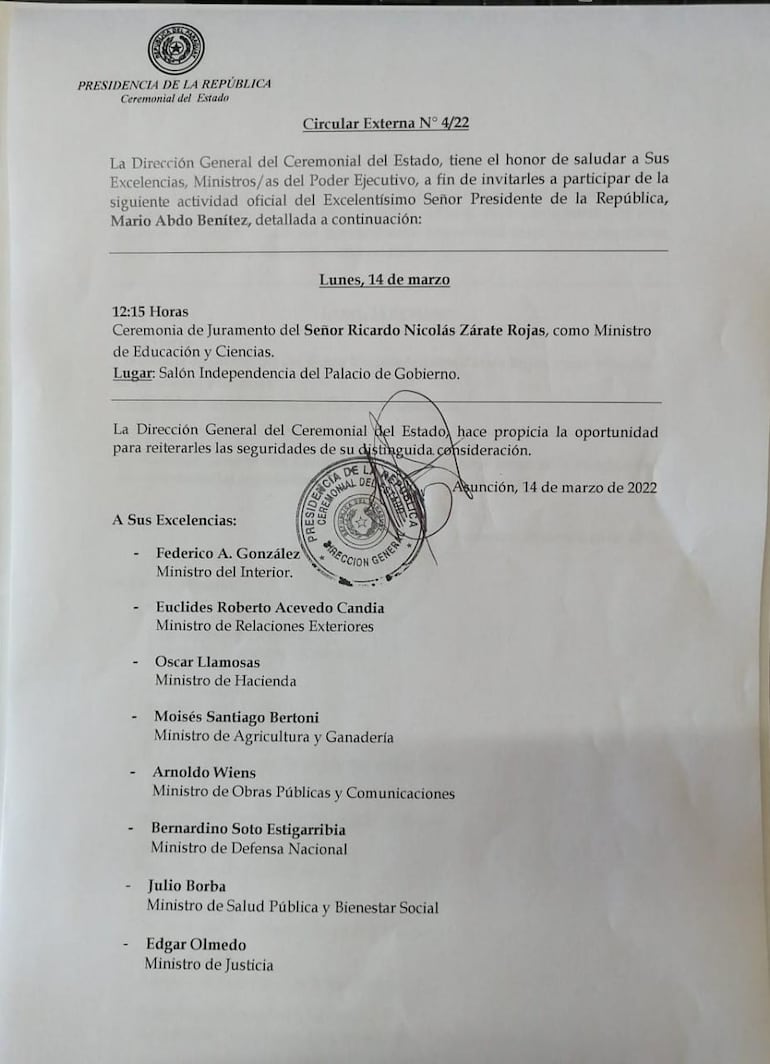 Convocatoria para juramento como titular del MEC de Nicolás Zárate Rojas.