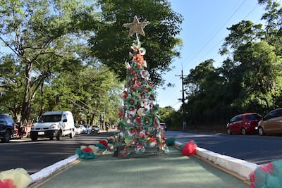 Un árbol de Navidad instalado en el paseo central de la avenida principal Von Poleski de la ciudad de Villa Elisa.