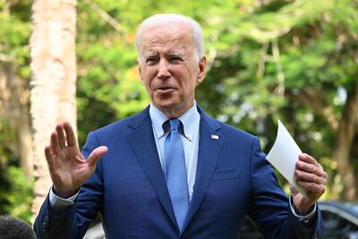 US President Joe Biden speaks about the situation in Poland following a meeting with G7 and European leaders on the sidelines of the G20 Summit in Nusa Dua on the Indonesian resort island of Bali on November 16, 2022. (Photo by SAUL LOEB / AFP)