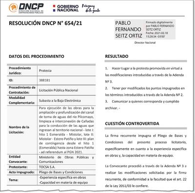 Resolución de la DNCP con la cual se dio lugar a la protesta que obligó a cambiar el pliego.