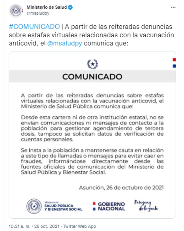 Comunicado del Ministerio de Salud Pública sobre denuncias de fraudes relacionadas a la vacunación. (captura de Twitter).