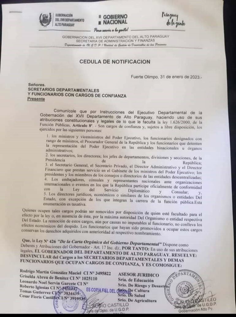 Parte de la lista de más de 30 funcionarios despedidos de la Gobernación del Alto Paraguay.