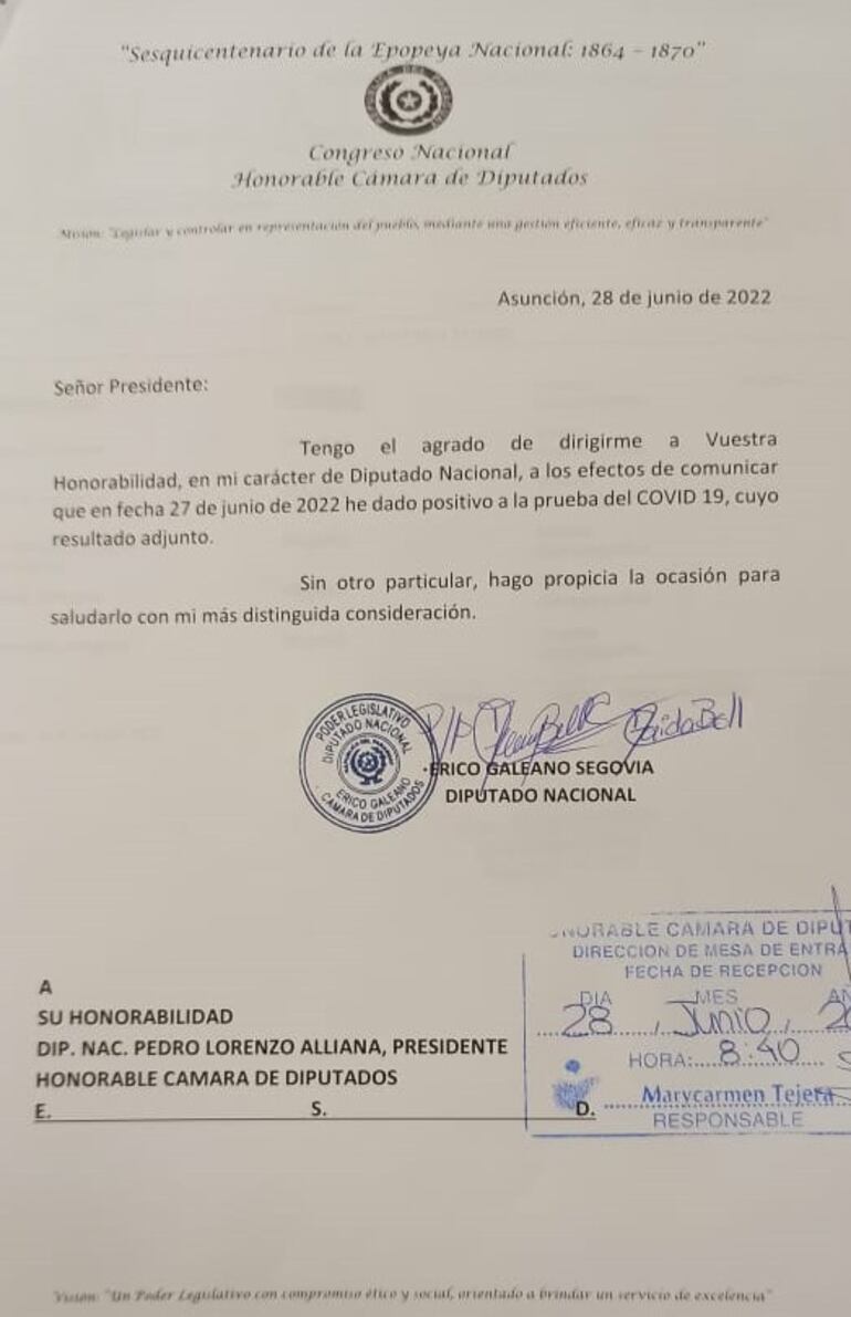 La notificación oficial sobre su ausencia ante la CBI por parte del diputado cartista Erico Galeano.