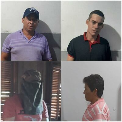 Los detenidos Gustavo Grance (con kepis), Marcelino Silva, Joaquín Morínigo (rostro cubierto) y Araci Barain.