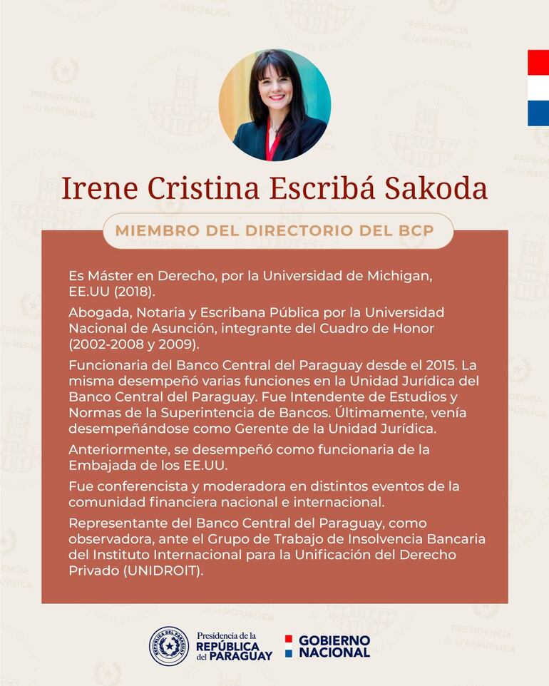 Curriculum  de la nominada por Abdo, Irene Escribá. (gentileza).