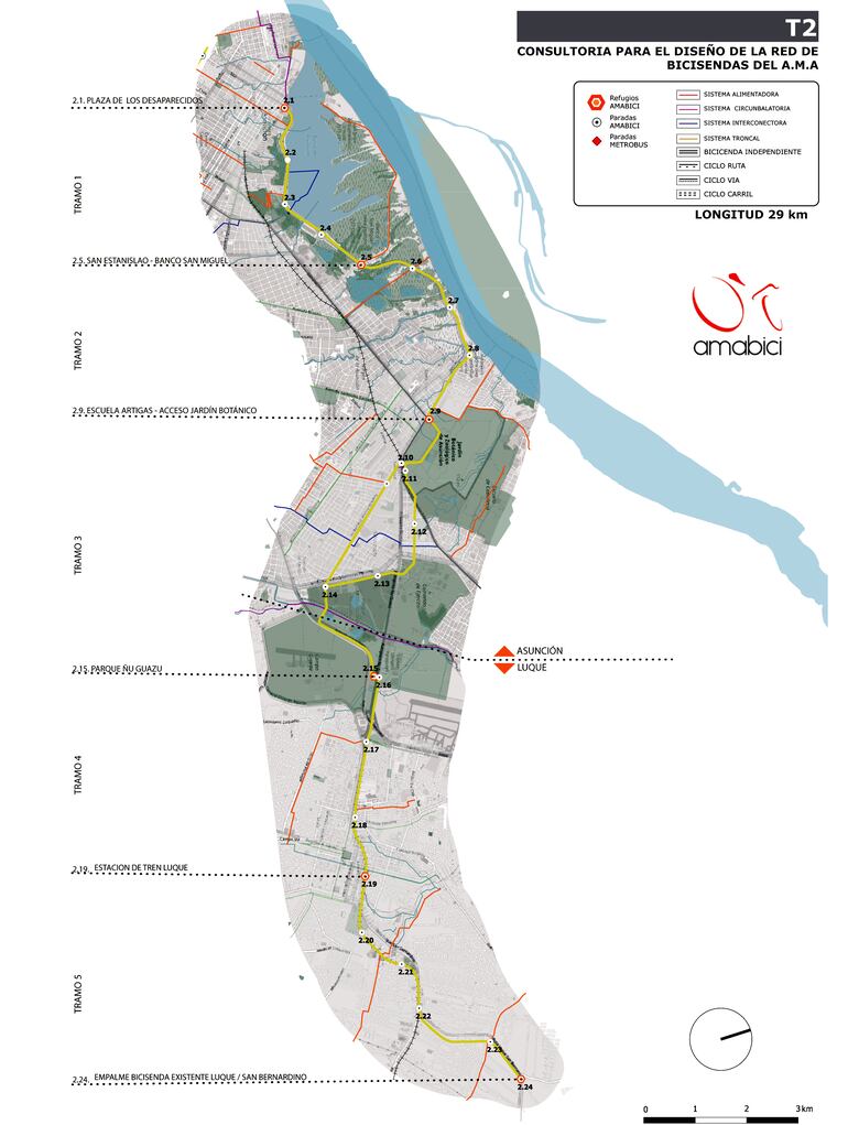 Itinerario de bicisendas  que conectan Luque  y el microcentro de Asunción.