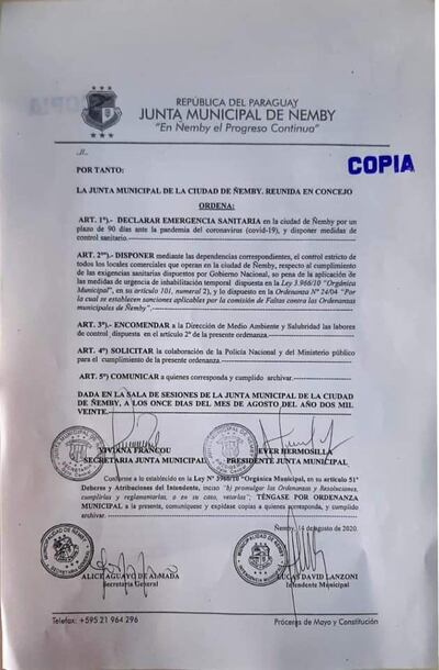 La ordenanza promulgada por la municipalidad de Ñemby y que declara estado de emergencia sanitaria por 90 días en todo el distrito