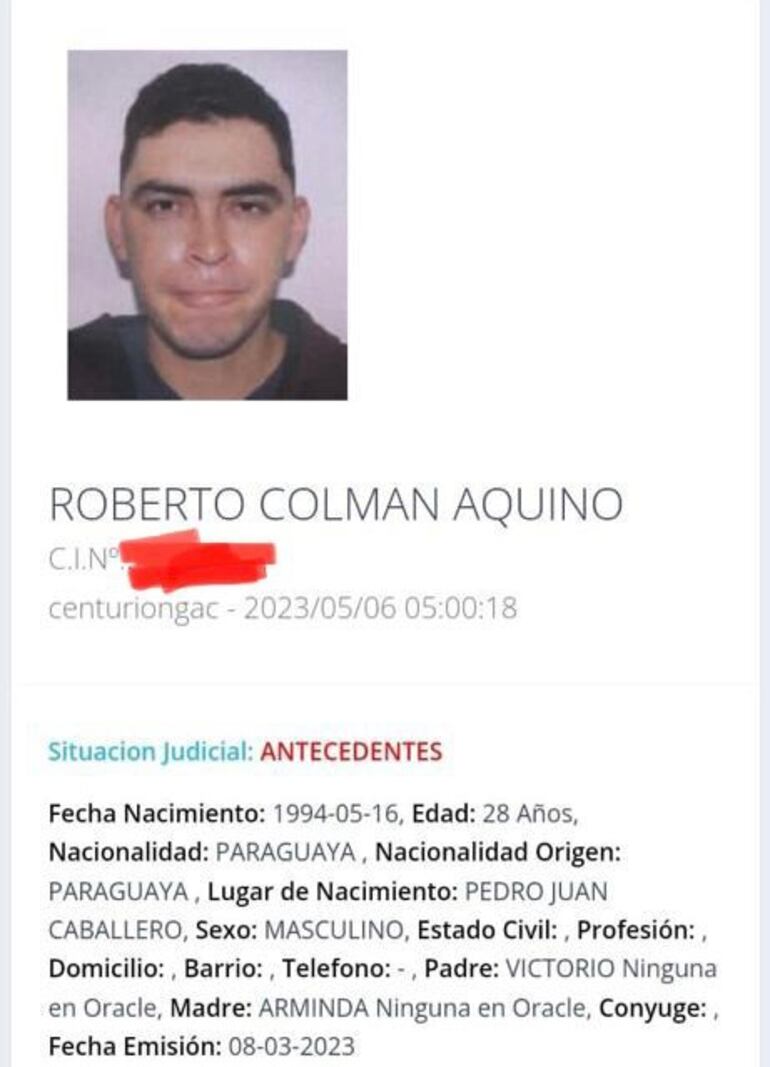 Ficha del sospechoso de homicidio en el que detuvieron a un militar de la FTC como presunto cómplice.