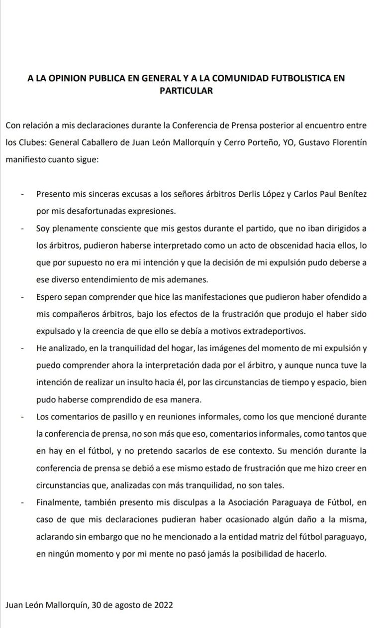 Comunicado oficial de Gustavo Florentín.