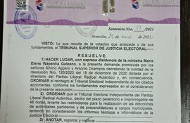 Resolución del TSJE respecto al conflicto en el TEI liberal.