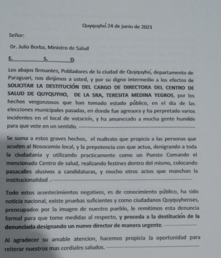 La misiva de los lugareños solicitando la destitución de la Directora del Centro de Salud de Quyquyhó