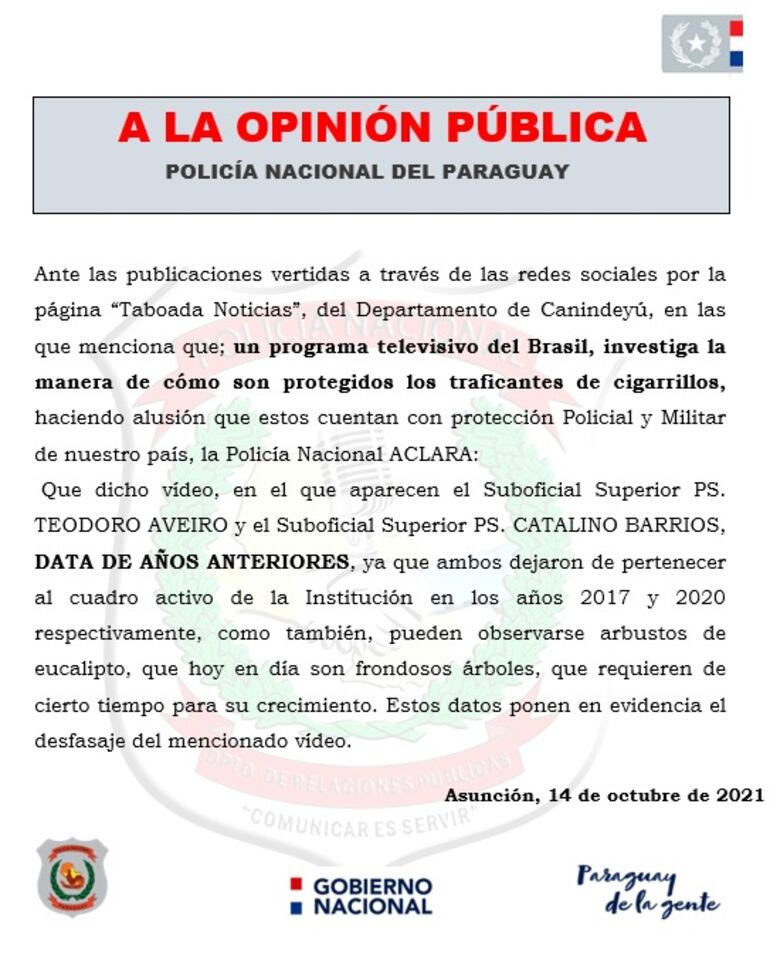 Comunicado emitido por la Policía Nacional, sobre los delincuentes que se filmaron ocultos en una comisaría paraguaya