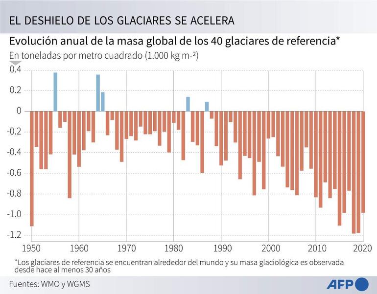 Gráfico que muestra la evolución anual de los 40 glaciares de referencia - AFP / AFP