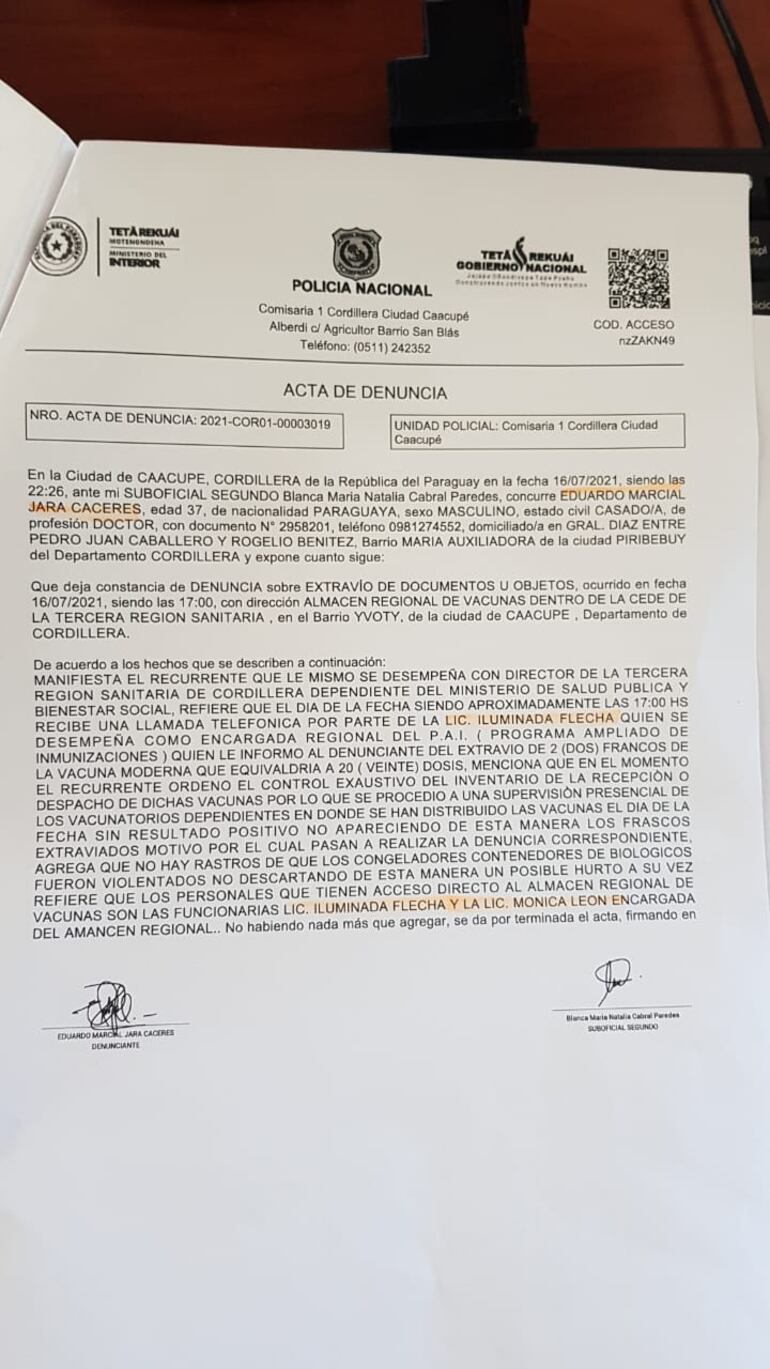 Acta de de denuncia del Director de la Tercera Región Sanitaria sobre extravío de dos frascos de vacunas.