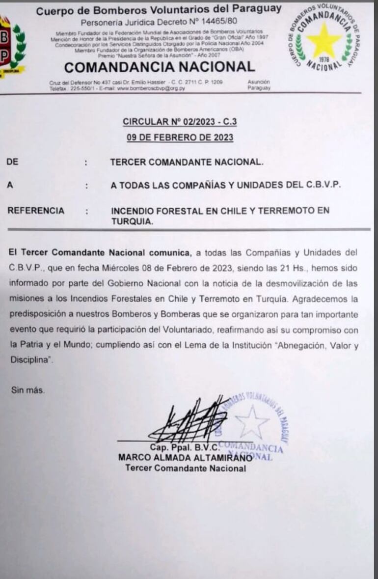Comunicado de la Comandancia Nacional del CBVP sobre desmovilización de misiones a Chile y Turquía.