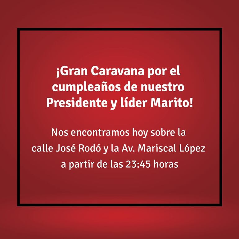 Invitación que está siendo enviada a través de WhatsAapp sobre una caravana por el cumpleaños de Marito