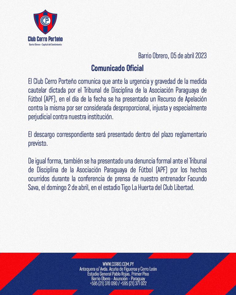 Comunicado Cerro Porteño