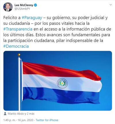 El embajador Lee McClenny felicitó al Paraguay por los avances en la transparencia del Gobierno.