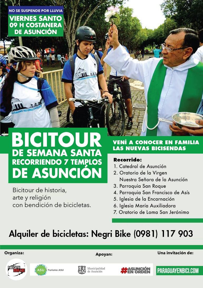 Bicisendas y tradición. El Viernes Santo los ciclistas podrán combinar la tradición católica del recorrido por las siete iglesias del Viernes Santo con el pedaleo por un tramo de la nueva bicisenda de Asunción.