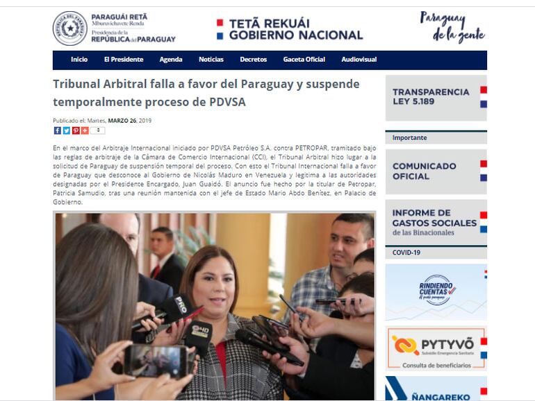 Publicación en el Portal de la Presidencia de la República.