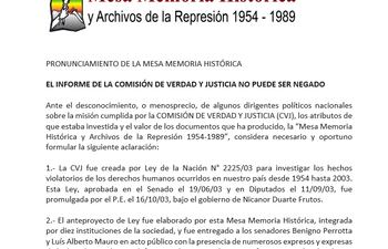 Pronunciamiento de la Mesa Memoria Histórica