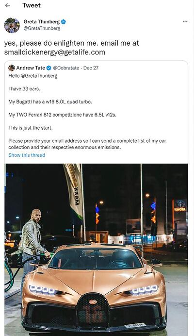 Captura del tuit de la activista climática sueca Greta Thunberg (@GretaThunberg), que muestra el intercambio de mensajes con el ex profesional del kickboxing británico americano Andrew Tate.