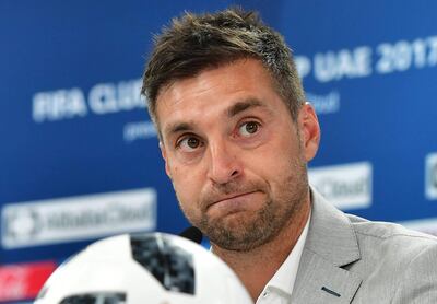 (FILES) In this file photo taken on December 8, 2017, CF Pachuca's coach Diego Alonso of Uruguay attends a press conference on the eve of their FIFA Club World Cup UAE 2017 football match against Wydad Casablanca at Bin Zayed Stadium in Abu Dhabi. - Alonso, who was scheduled to be presented as Uruguay's new national football team coach on December 23, 2021, has contracted the novel coronavirus, COVID-19, the Uruguayan Football Association (AUF) announced on December 21, 2021. (Photo by GIUSEPPE CACACE / AFP)