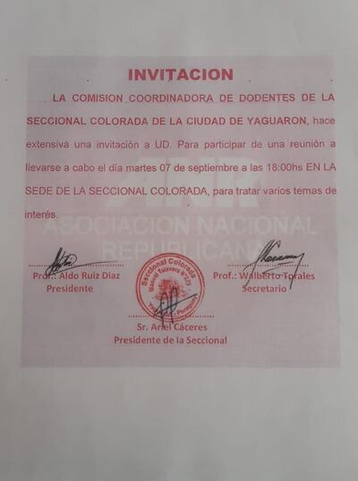 Invitación que fue impresa en el colegio Comercio Nacional de Yaguarón, por el presidente de Coordinadora de Docentes Colorados