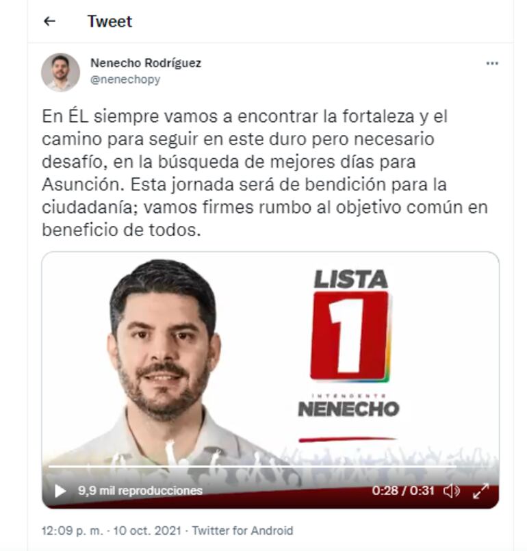Nenecho Rodríguez instando a votar a través de sus redes sociales. (Fuente Twitter).