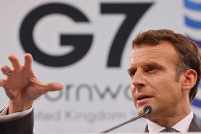 El presidente francés Emmanuel Macron durante una conferencia en el día final de la cumbre del G7, este domingo.