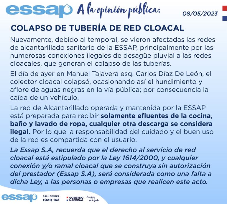 Aviso de la Essap tras el suceso y recomendaciones respecto al uso de los desagües cloacales. 