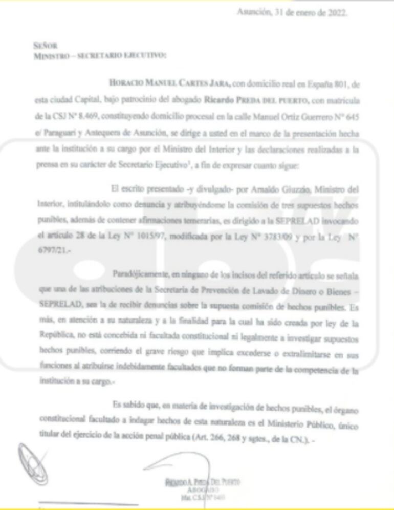 Escrito presentado a SEPRELAD, por el expdte. Horacio Cartes, patrocinado por el abogado, Ricardo Preda.