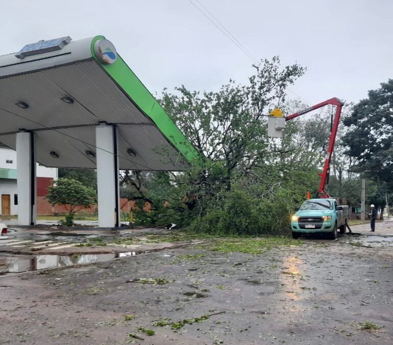 Un árbol cayó en Loreto y afectó al techo de una estación de servicios.